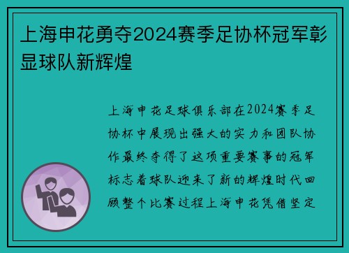 上海申花勇夺2024赛季足协杯冠军彰显球队新辉煌